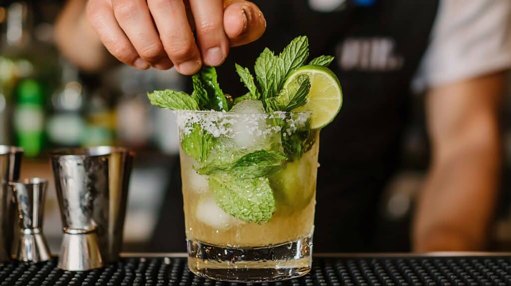 Barman garnit un mojito glacé de menthe fraîche et citron vert. Verre avec sel, glace. Préparation professionnelle de cocktail rafraîchissant.